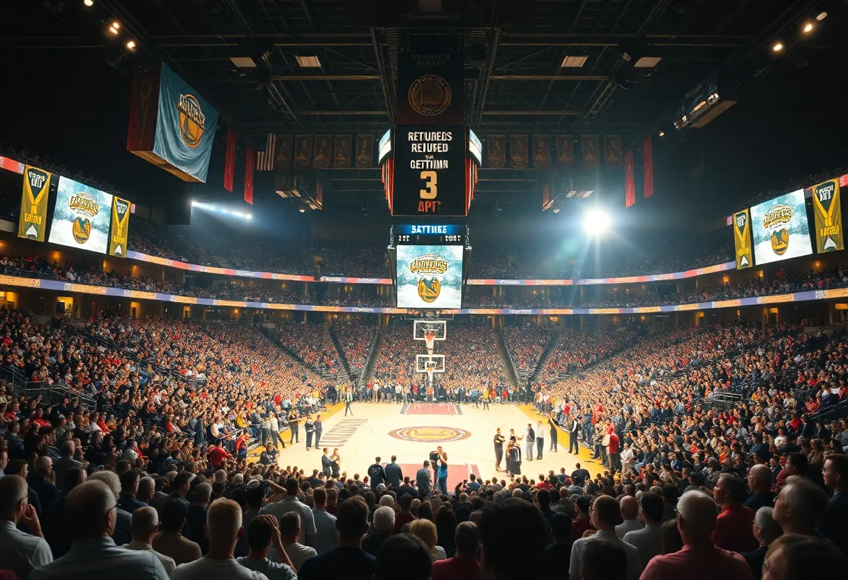 Fans celebrating the jersey retirement ceremony at Louisville basketball game.