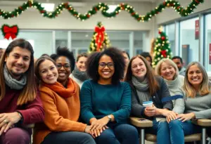 People donating blood at a festive event in Louisville