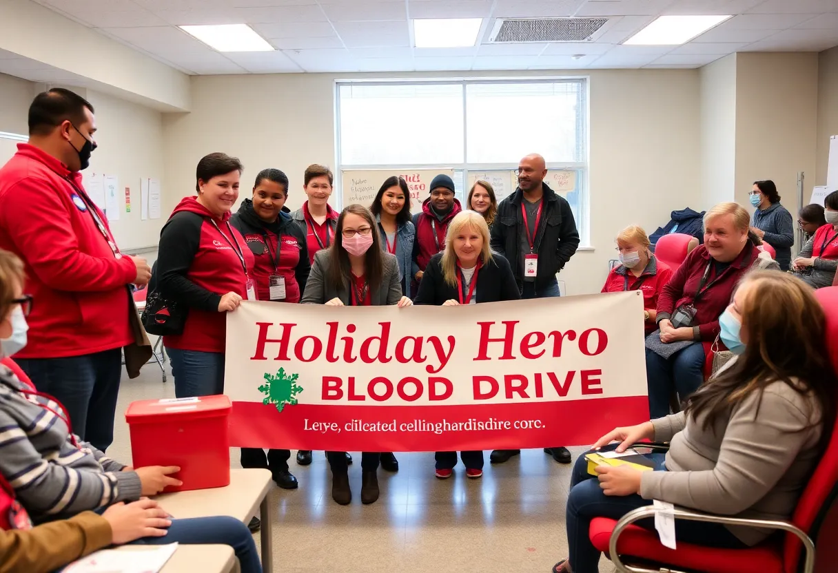 Volunteers at a blood drive in Louisville during winter.