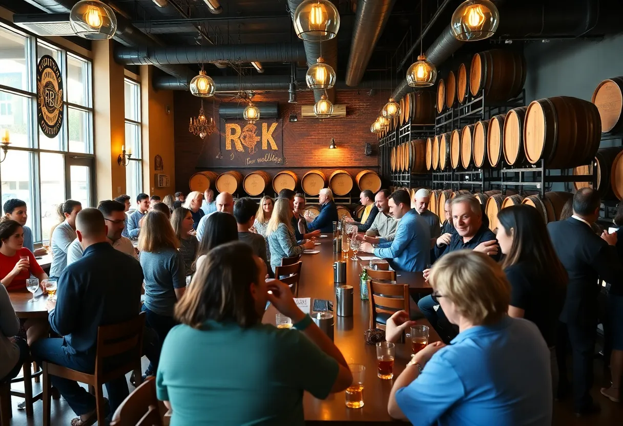 A lively bourbon tasting room in Louisville filled with people and bourbon barrels.