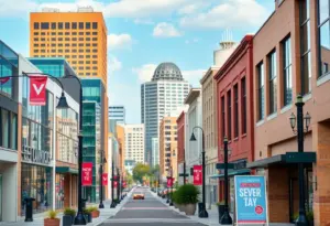 A bustling Louisville cityscape showcasing new business developments.