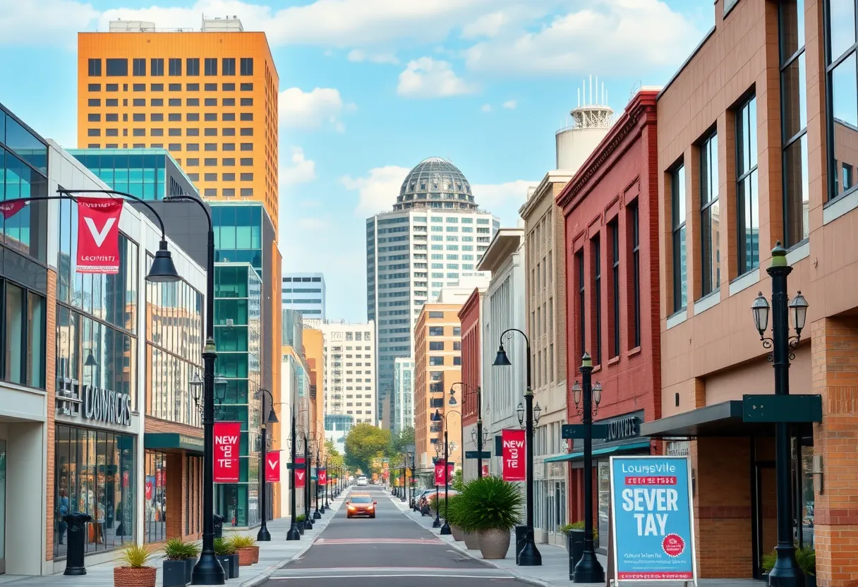 A bustling Louisville cityscape showcasing new business developments.