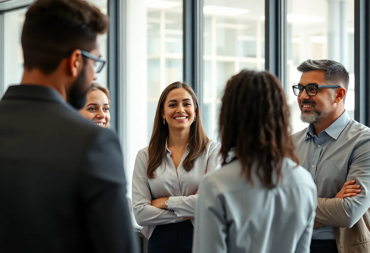 Diverse business professionals discussing their early career lessons