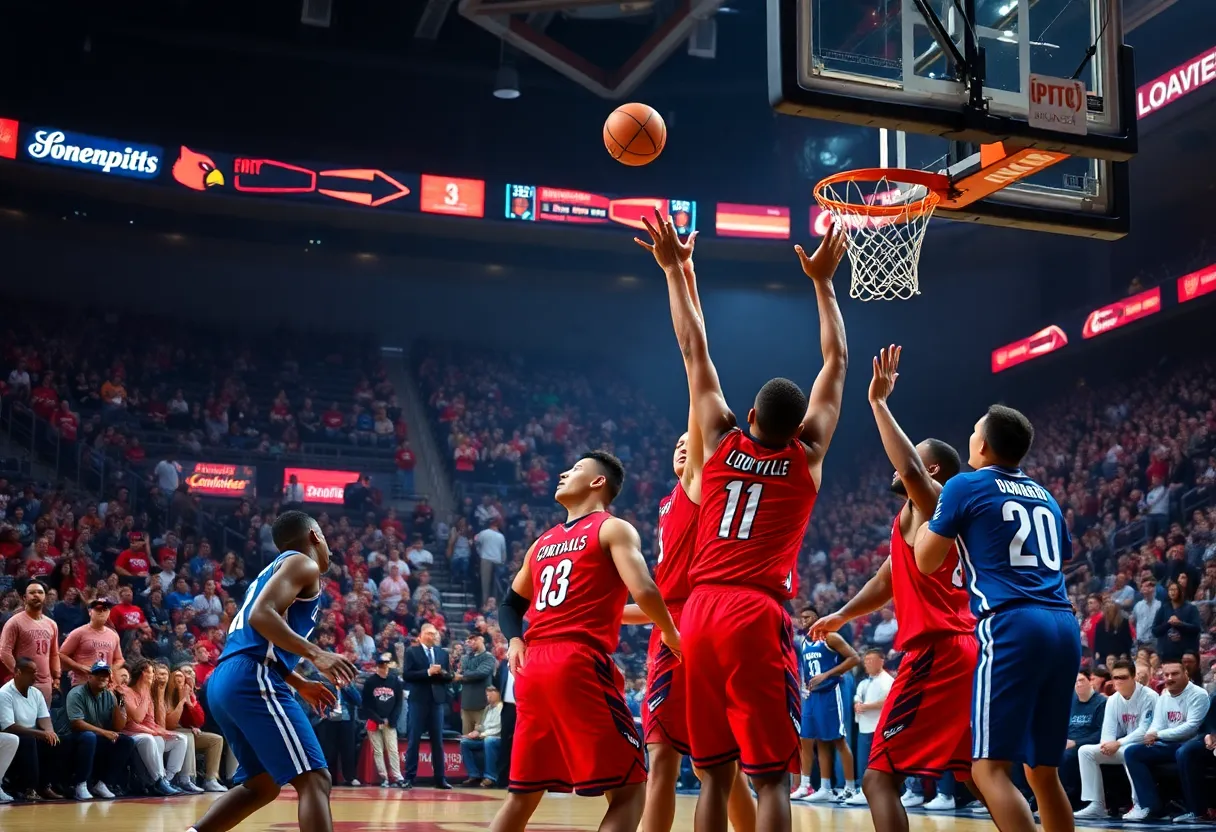 Louisville Cardinals basketball team celebrating a victory over Memphis Tigers