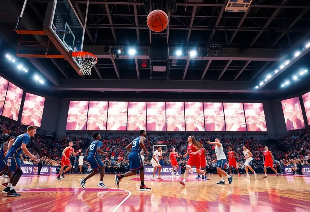 Louisville Cardinals basketball players celebrating a win on the court