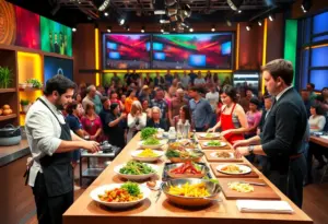 Filming of a cooking show in a vibrant kitchen set with chefs and audience
