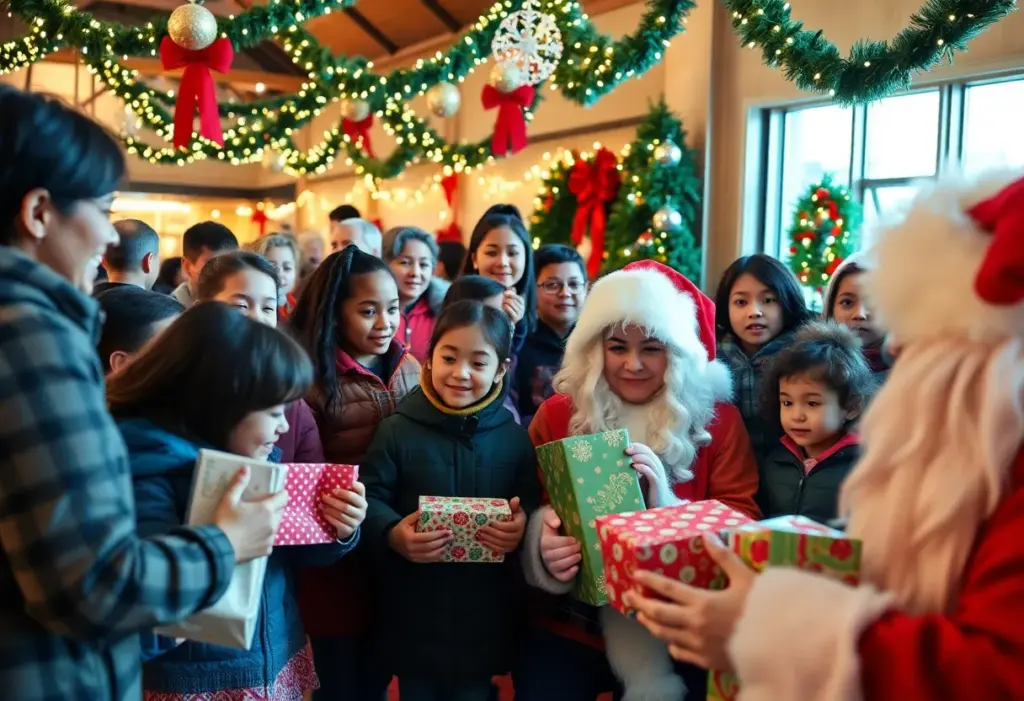 Families enjoying the Louisville Christmas Outreach event with Santa Claus.