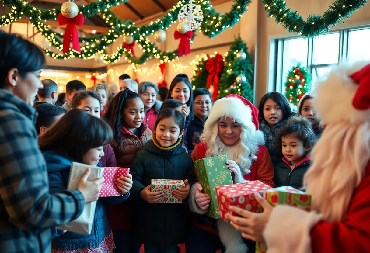 Families enjoying the Louisville Christmas Outreach event with Santa Claus.