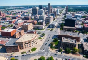 Aerial view of Louisville highlighting police presence.