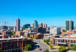 Cityscape of Louisville, Kentucky with modern buildings and construction sites.