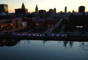 Cityscape of Louisville with memorials for victims