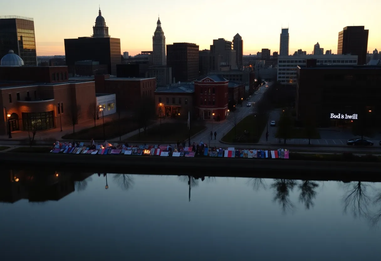 Cityscape of Louisville with memorials for victims