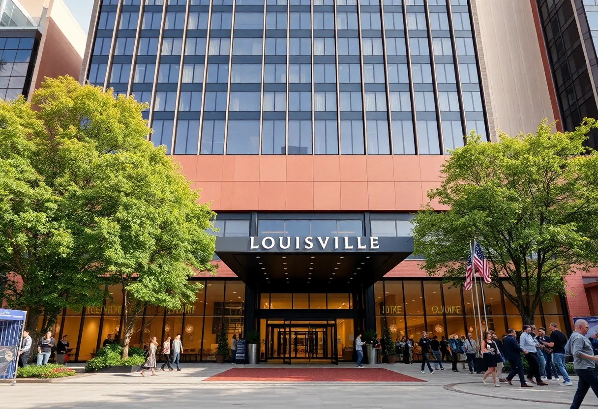 Rendering of the proposed large convention hotel in downtown Louisville.