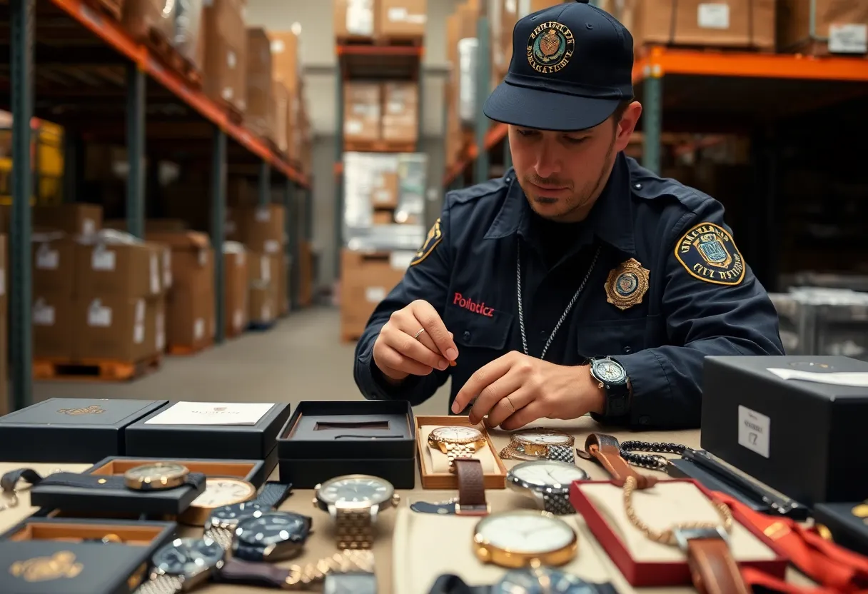 U.S. Customs officer inspecting seized counterfeit luxury goods.