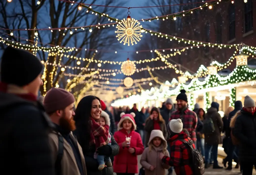 A cheerful community event in Louisville during December with families and holiday decorations.