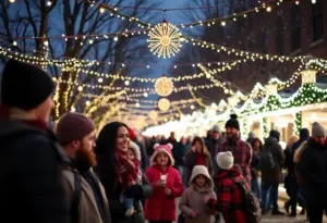 A cheerful community event in Louisville during December with families and holiday decorations.