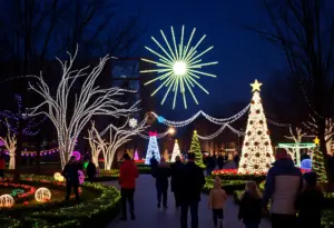 Festive holiday scene in Louisville with lights and decorations