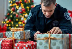 Police officer inspecting hidden drugs in Christmas gift wrapping