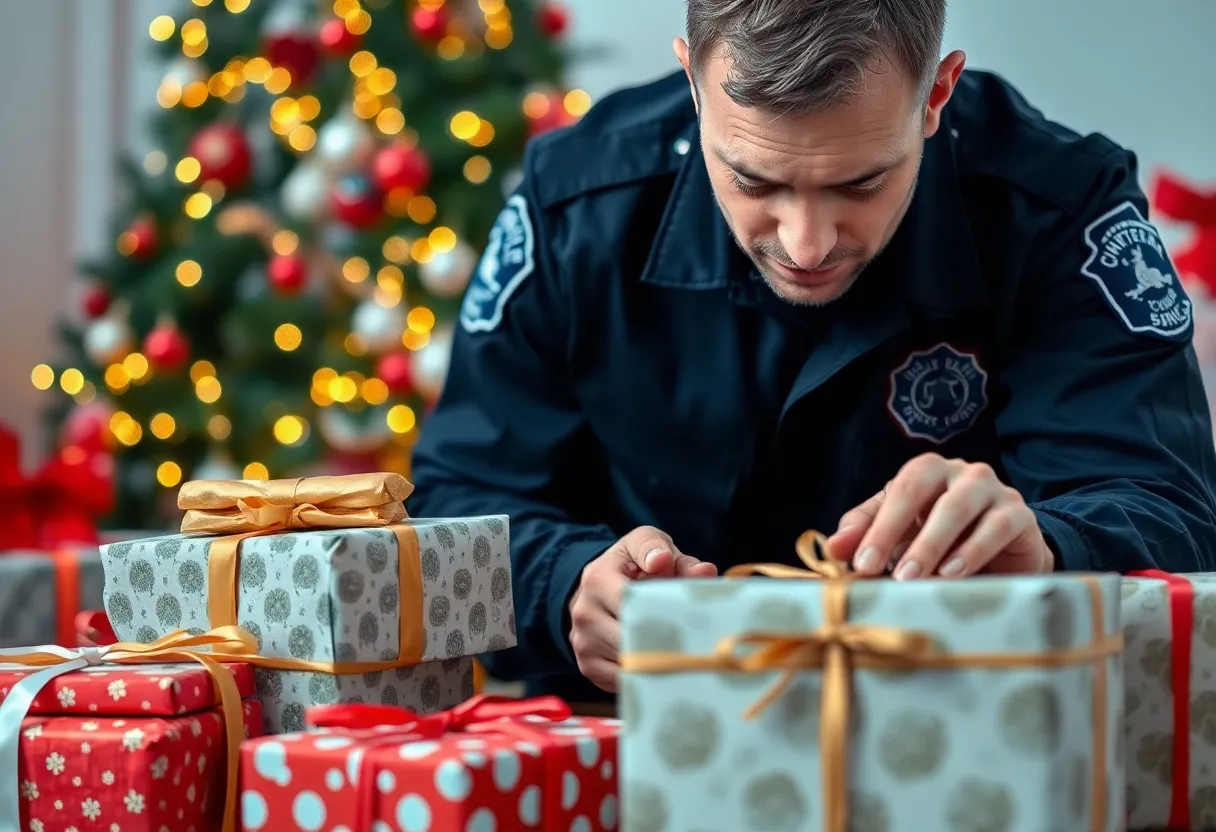 Police officer inspecting hidden drugs in Christmas gift wrapping