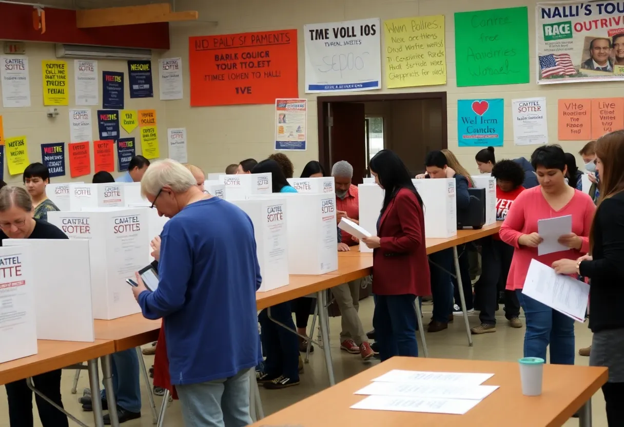 Voters participating in early voting at a polling location in Louisville