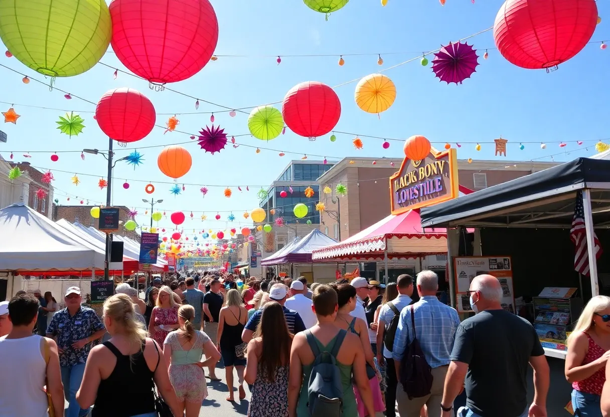 Participants enjoying a festival in Louisville Kentucky with colorful decorations and food vendors.