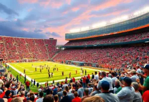 Cheering fans in a college football stadium during a game