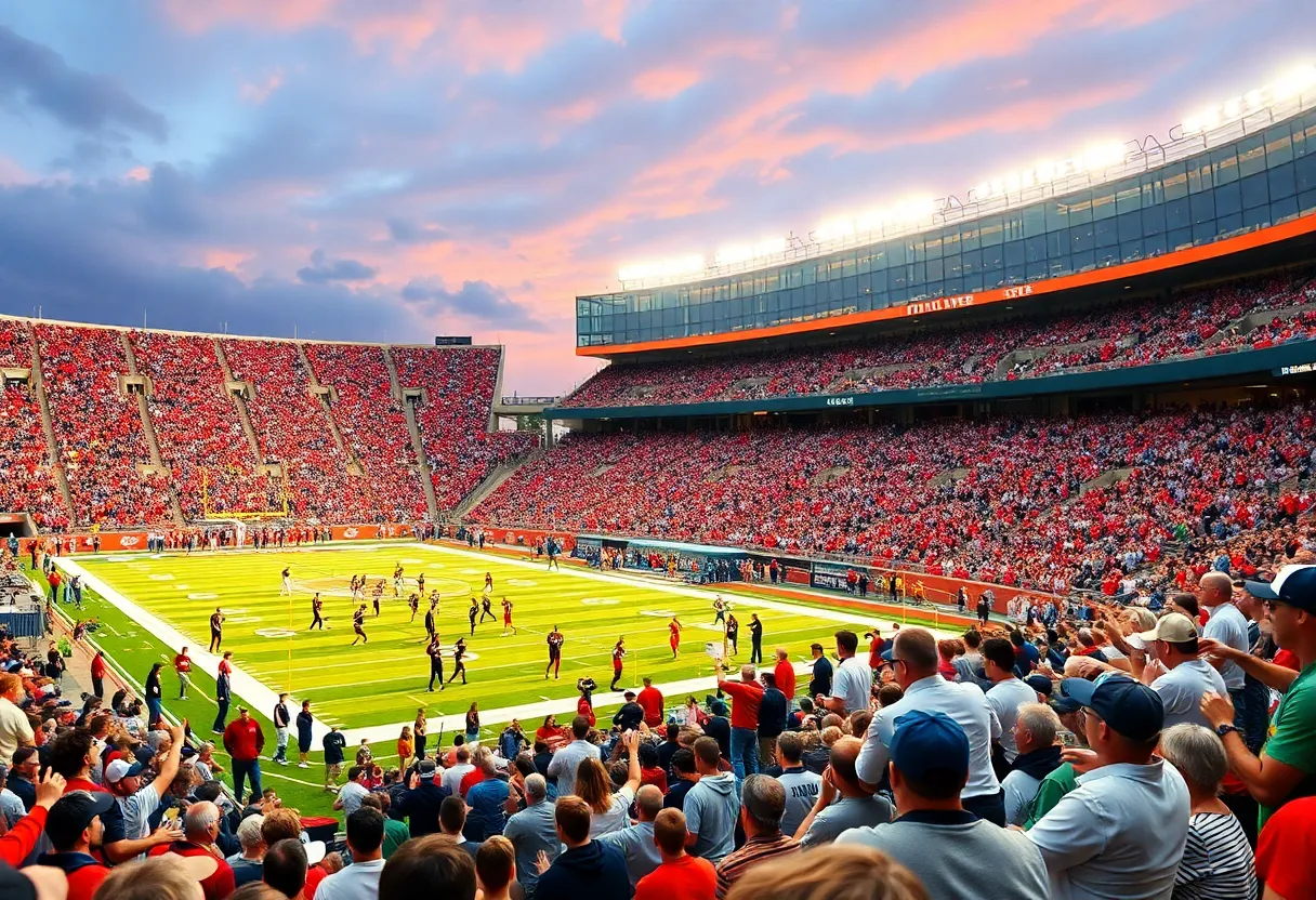 Cheering fans in a college football stadium during a game