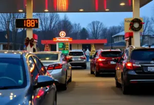Travelers at a gas station with holiday decorations in Louisville, illustrating decreased gas prices.