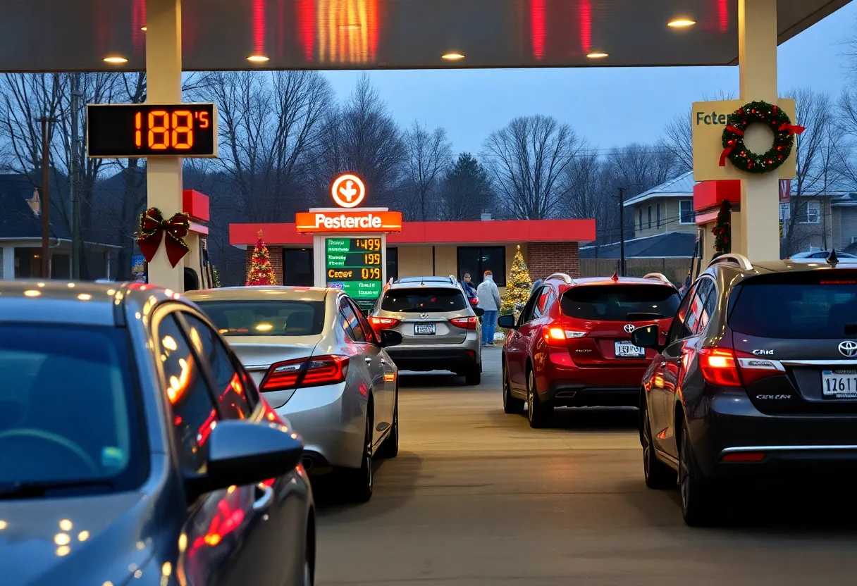 Travelers at a gas station with holiday decorations in Louisville, illustrating decreased gas prices.