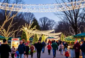 Families celebrating during Louisville holiday events with lights and decorations in a park