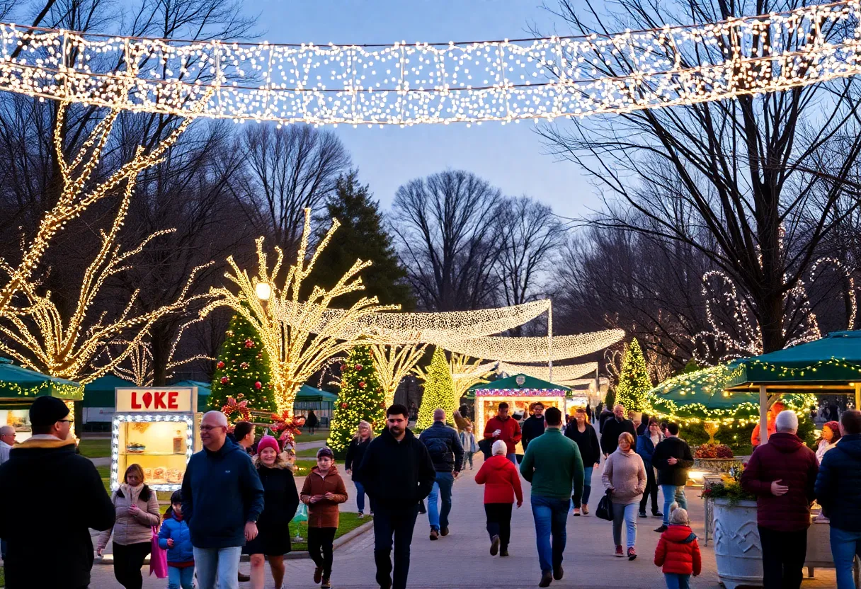 Families celebrating during Louisville holiday events with lights and decorations in a park