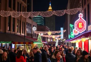 Downtown Louisville holiday celebration featuring festive decorations and pop-up bars
