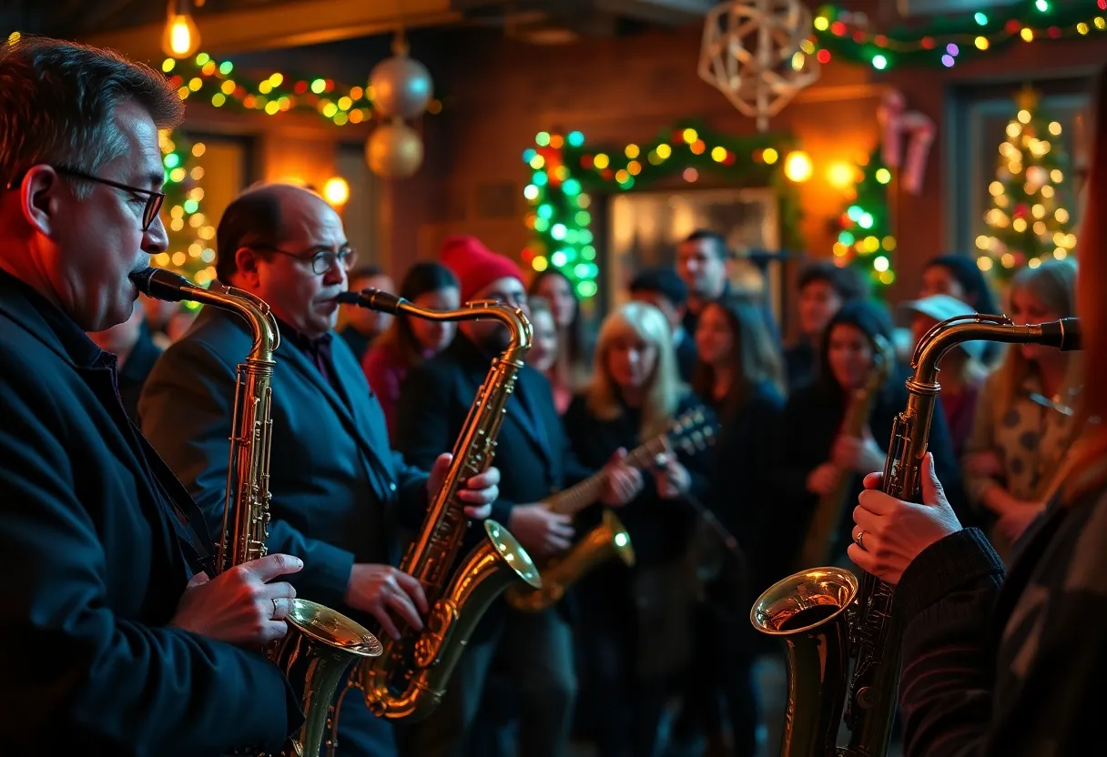 Jazz musicians performing at a holiday concert in Louisville