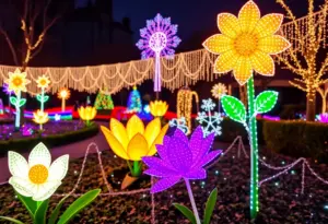 Festive holiday lights illuminating a public garden.