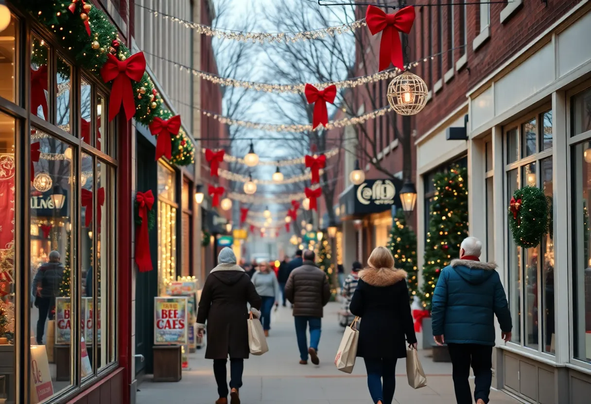 Busy shopping street in Louisville decorated for the holidays.