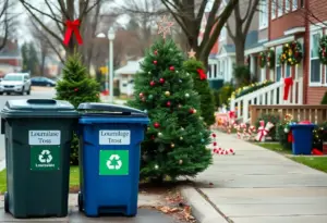 Louisville neighborhood with holiday waste disposal bins and Christmas trees