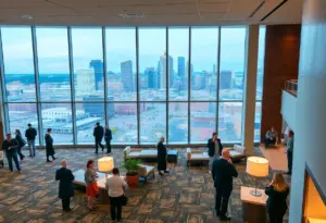 Busy Louisville hotel lobby with guests checking in