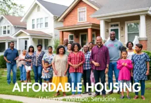 Community members in Louisville in front of houses, illustrating the need for affordable housing.