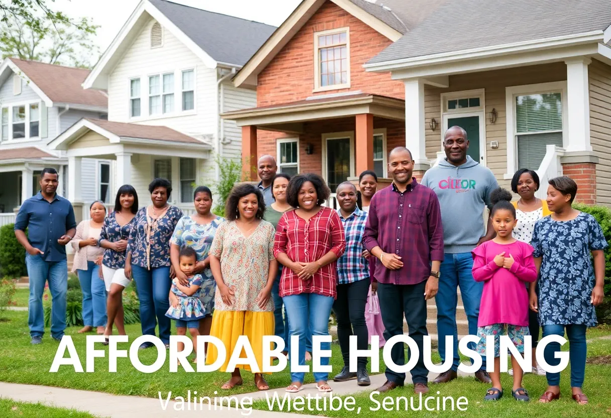 Community members in Louisville in front of houses, illustrating the need for affordable housing.