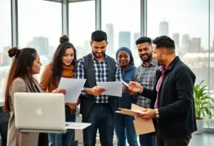 Diverse group of immigrant workers in Louisville working together in an office