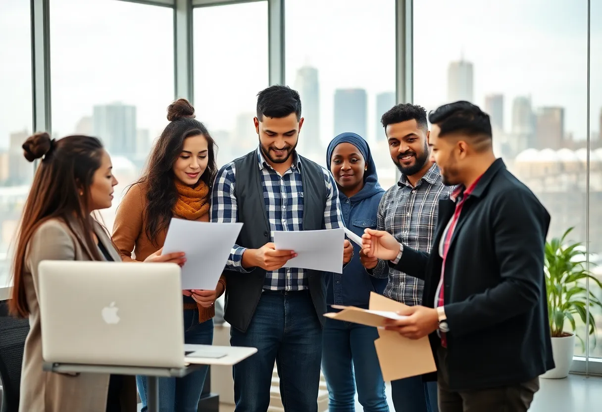 Diverse group of immigrant workers in Louisville working together in an office