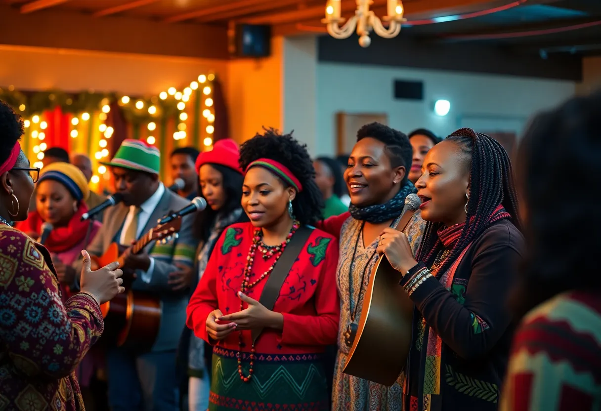 Community members participating in the Louisville Kwanzaa Festival with music and storytelling.
