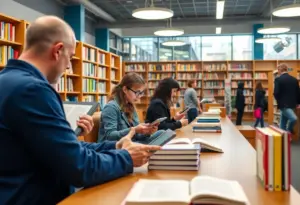 Patrons engaging with digital reading devices in a library