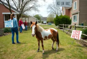 Miniature horse in a yard with community support signs