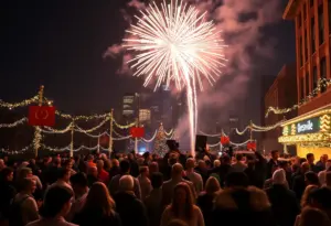 Crowds enjoying New Year's Eve celebrations in Louisville with fireworks and skyline view.