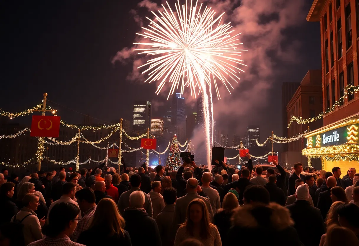 Crowds enjoying New Year's Eve celebrations in Louisville with fireworks and skyline view.