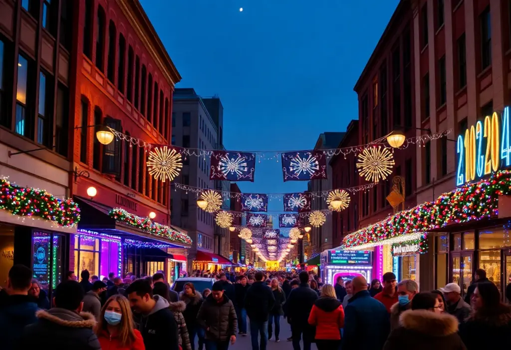 People celebrating New Year's Eve in Louisville with festive decorations