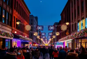 People celebrating New Year's Eve in Louisville with festive decorations