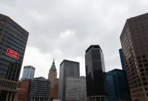 Downtown Louisville office towers showing vacancy signs