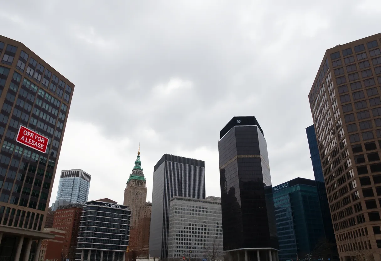 Downtown Louisville office towers showing vacancy signs